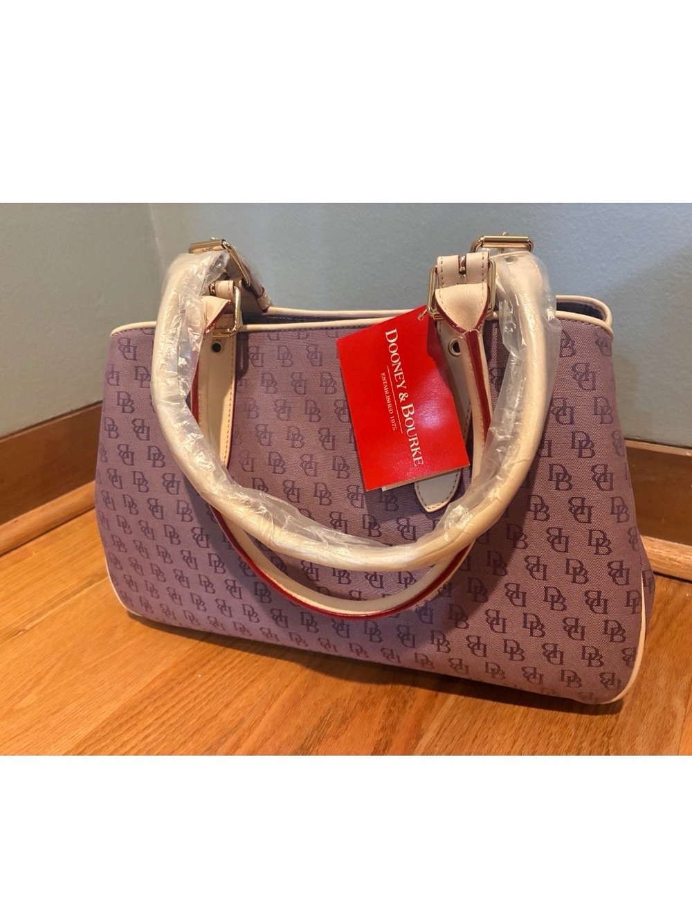 Dooney & Bourke Lavender Signature DB Satchel with Cream Trim